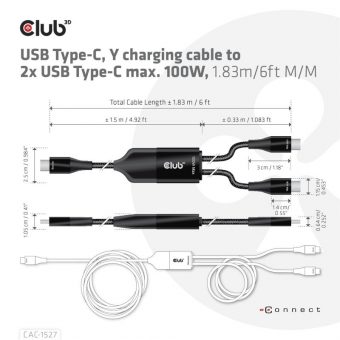 Club3D Cable USB-C 3.1 To 2 x USB-C 3.1 With 100W (Or 80W+18W) PD 1.8m Black CAC-1527 - Image 3