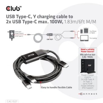 Club3D Cable USB-C 3.1 To 2 x USB-C 3.1 With 100W (Or 80W+18W) PD 1.8m Black CAC-1527 - Image 5