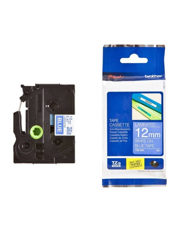 Brother TZE-535 P-Touch Laminated White on Blue 8m x 12mm 4977766686471