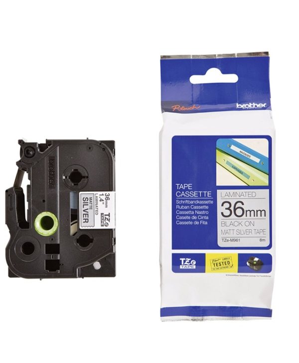 Brother TZEM961 P-Touch Laminated Black on Mat Silver 8m x 36mm 4977766692908