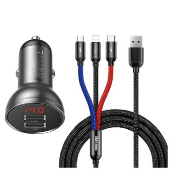 Baseus Car Charger 24W Digital Display + USB cable 3in1 1.2m Black TZCCBX-0G