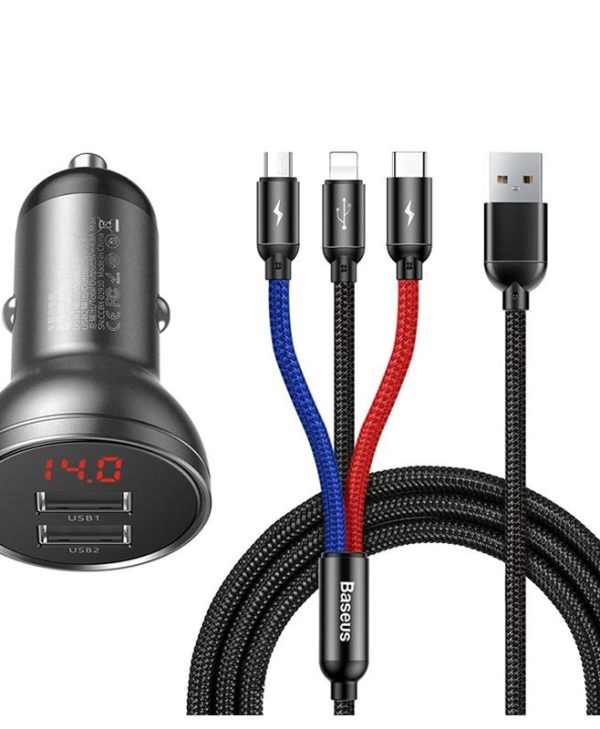 Baseus Car Charger 24W Digital Display + USB cable 3in1 1.2m Black TZCCBX-0G