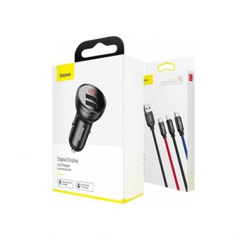 Baseus Car Charger 24W Digital Display + USB cable 3in1 1.2m Black TZCCBX-0G - Image 8