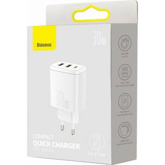 Baseus Wall Charger 30W 2 x USB-A + USB-C White CCXJ-E02 - Image 8