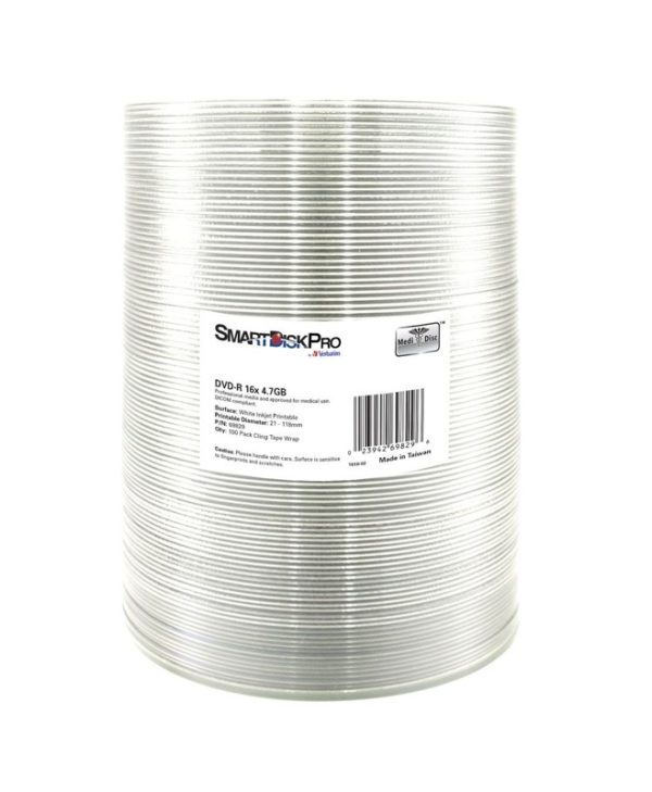 Verbatim SmartDisk Pro DVD-R 16x 4.7GB 100-Pack Wrap White Inkjet Printable 69829