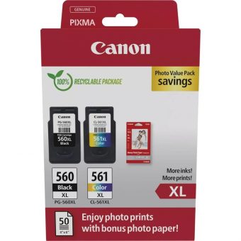 Canon PG-560XL/CL-561XL High Capacity Black/Tricolour Ink Cartridge & 50 Glossy 4x6 Photo Paper 3712C008