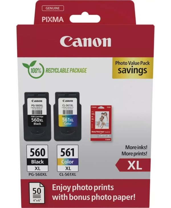 Canon PG-560XL/CL-561XL High Capacity Black/Tricolour Ink Cartridge & 50 Glossy 4x6 Photo Paper 3712C008
