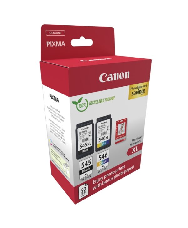 Canon PG-545XL/CL-546XL High Capacity Black/Tricolour Ink Cartridge & 50 Glossy 4x6 Photo Paper 8286B011