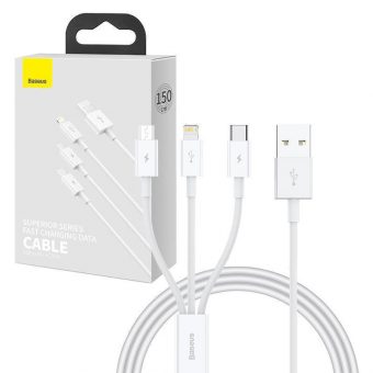 Baseus USB Cable Superior Regular USB-A MAle to Micro USB, USB-C, Lightning 1m White P10320105221-00 - Image 2