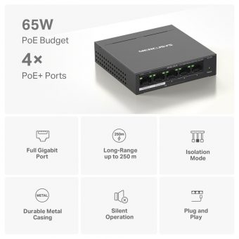 Mercusys 5-Port Gigabit Desktop Switch with 4-Port PoE+ Black MS105GP - Image 3