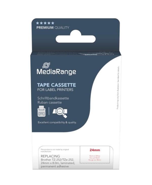 MediaRange MRBTZ252 Tape Cassette For Label Printers Using Brother TZ-252/TZE-252 24mm 8m Laminated Red On White