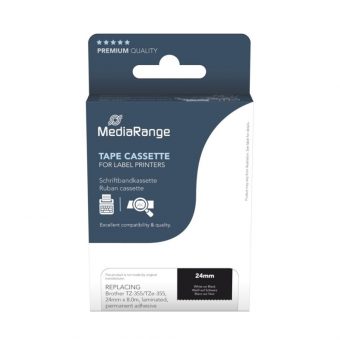 MediaRange MRBTZ355 Tape Cassette For Label Printers Using Brother TZ-355/TZE-355 24mm 8m Laminated White On Black
