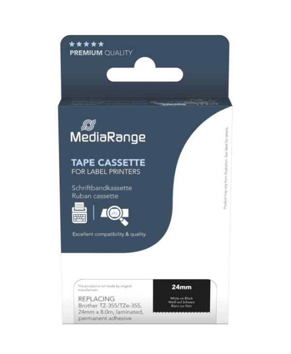 MediaRange MRBTZ355 Tape Cassette For Label Printers Using Brother TZ-355/TZE-355 24mm 8m Laminated White On Black