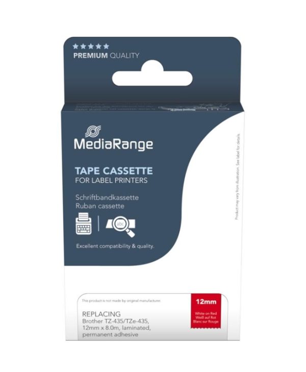 MediaRange MRBTZ435 Tape Cassette For Label Printers Using Brother TZ-435/TZE-435 12mm 8m Laminated White On Red