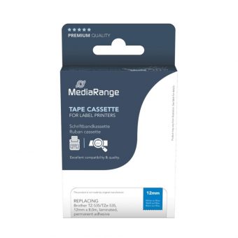 MediaRange MRBTZ535 Tape Cassette For Label Printers Using Brother TZ-535/TZE-535 12mm 8m Laminated White On Blue