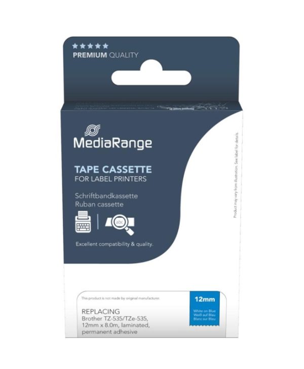 MediaRange MRBTZ535 Tape Cassette For Label Printers Using Brother TZ-535/TZE-535 12mm 8m Laminated White On Blue