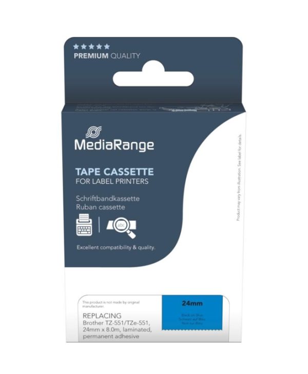 MediaRange MRBTZ551 Tape Cassette For Label Printers Using Brother TZ-551/TZE-551 24mm 8m Laminated Black On Blue