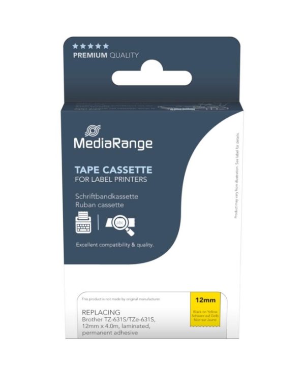 MediaRange MRBTZ631S Tape Cassette For Label Printers Using Brother TZ-631S/TZE-631S 12mm 4m Laminated Black On Yellow
