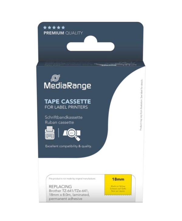 MediaRange MRBTZ641 Tape Cassette For Label Printers Using Brother TZ-641/TZE-641 18mm 8m Laminated Black On Yellow