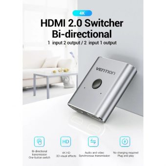 Vention Bi-Direction Switcher 2xHDMI Female to 1xHDMI Female Silver AFUH0 - Image 2