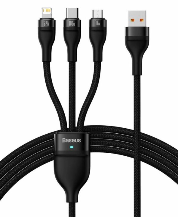 Baseus Flash Series Cable 3IN1 USB-A Male to 1xUSB-C Male 1xMicroUSB Male 1xLightning 100W 1.2m Black CASS030001