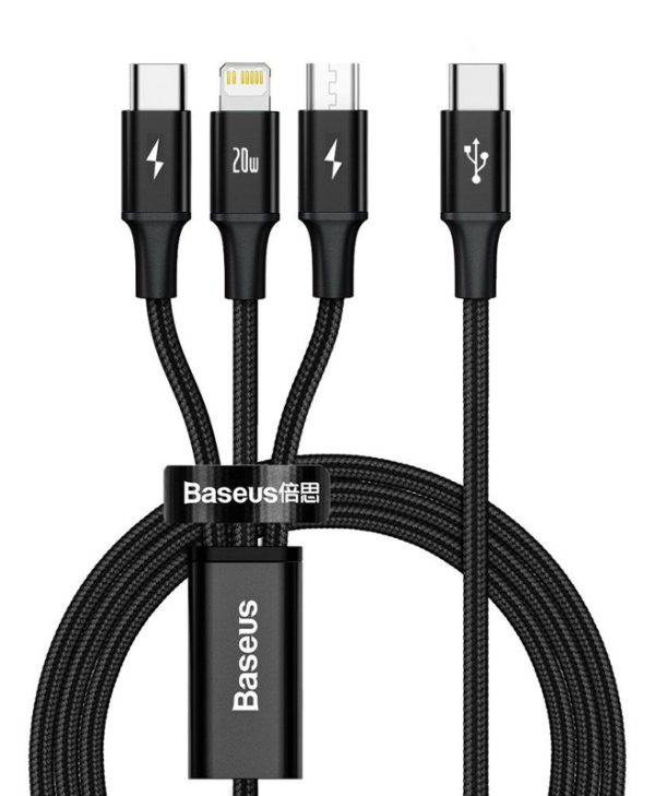 Baseus Rapid Series 3-in-1 USB Cable USB-C Male to  USB-C+MicroUSB+Lightning Male 20W 1.5m Black CAMLT-SC01