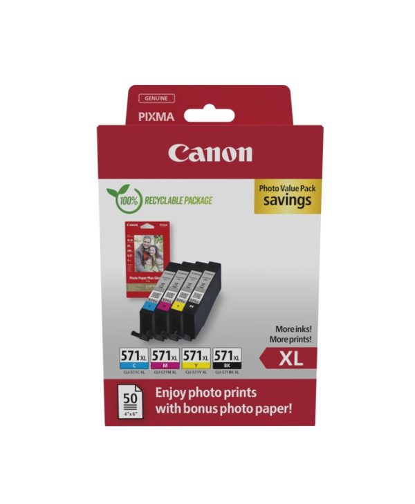Canon   CLI-571XL Value Pack Black/Cyan/Magenta/Yellow + PP201 Photo Paper 0332C006
