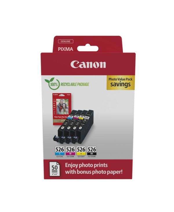 Canon CLI-526 Photo Value Pack Black/Cyan/Magenta/Yellow + Photo Paper 4540B019