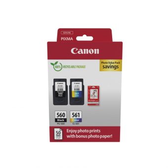 Canon Photo Cube PG-560/CL-561 Black/Tricolour Ink Cartridge & 50 Glossy 10x5 Photo Paper  3713C008
