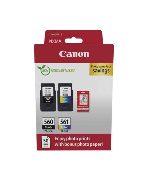 Canon Photo Cube PG-560/CL-561 Black/Tricolour Ink Cartridge & 50 Glossy 10x5 Photo Paper  3713C008