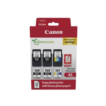 Canon 2xPG-560XL, 1xCL-561XL Black Tricolor Value Pack & 50 Glossy 10x5 Photo Paper 3712C012