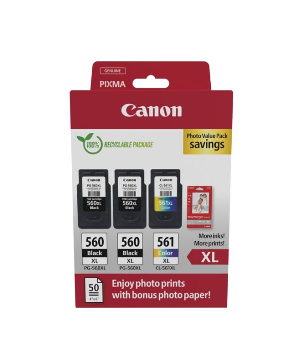 Canon 2xPG-560XL, 1xCL-561XL Black Tricolor Value Pack & 50 Glossy 10x5 Photo Paper 3712C012