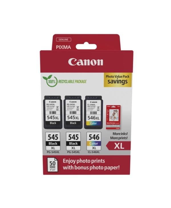 Canon 2xPG-545XL, 1xCL-546XL Black Tricolor Value Pack & 50 Glossy 10x5 Photo Paper 8286B015
