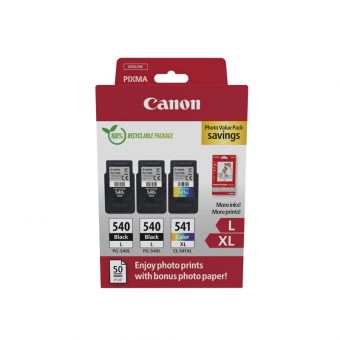 Canon 2xPG-540XL, 1xCL-541XL Black Tricolor Value Pack & 50 Glossy 10x5 Photo Paper 5224B015