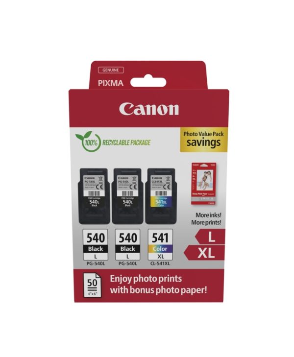Canon 2xPG-540XL, 1xCL-541XL Black Tricolor Value Pack & 50 Glossy 10x5 Photo Paper 5224B015