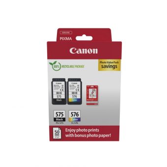 Canon PG-575/CL-576  Black Tricolor Value Pack & 50 Glossy 10x5 Photo Paper 5438C004