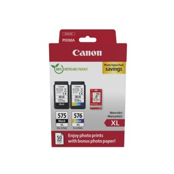 Canon PG-575XL/CL-576XL Black Tricolor Value Pack & 50 Glossy 10x5 Photo Paper 5437C006