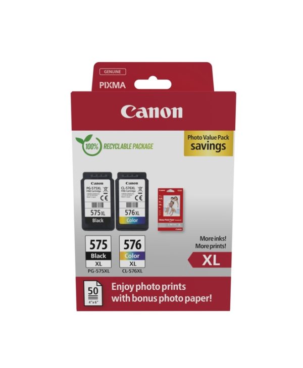 Canon PG-575XL/CL-576XL Black Tricolor Value Pack & 50 Glossy 10x5 Photo Paper 5437C006