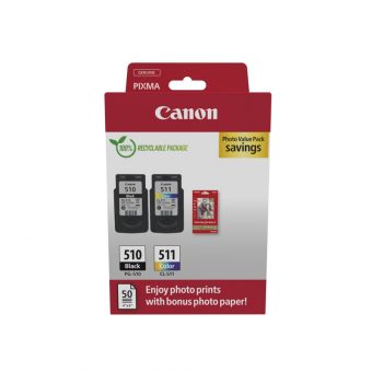 Canon PG-510/CL-511 Black Tricolor Value Pack & 50 Glossy 10x5 Photo Paper 2970B017
