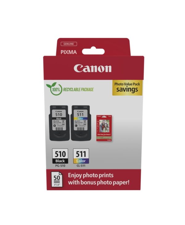 Canon PG-510/CL-511 Black Tricolor Value Pack & 50 Glossy 10x5 Photo Paper 2970B017