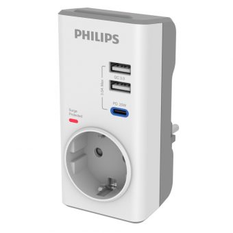 Philips Μονόπριζο Ασφαλείας με 2xUSB-A 1xUSB-C 3680W Λευκό CHP8010W/GRS