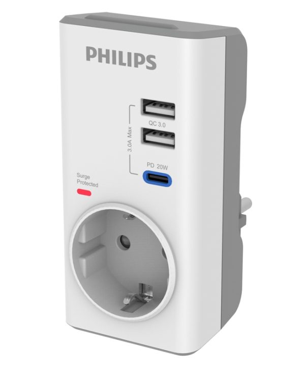 Philips Μονόπριζο Ασφαλείας με 2xUSB-A 1xUSB-C 3680W Λευκό CHP8010W/GRS