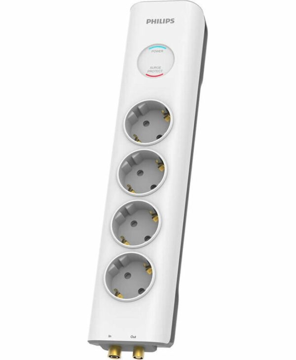 Philips Πολύπριζο Ασφαλείας 4 Θέσεων με Προστασία Ομοαξονικού Καλωδίου TV Λευκό SPN7041WA/GRS