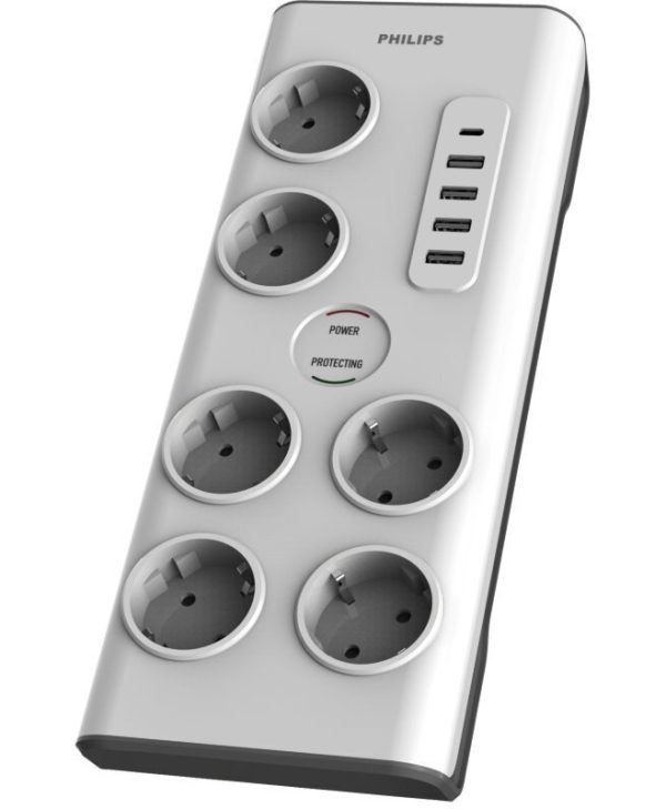 Philips Πολύπριζο Ασφαλείας 6 Θέσεων με 1xUSB-C 15W 4xUSB-A 20W Λευκό SPN7060WA/GRS