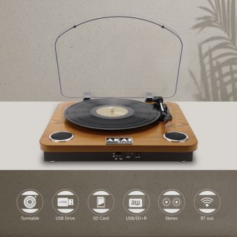 Akai Wooden Record Player with Onboard Stereo Speakers 2x0.8W Brown ATT-11BTN - Image 8