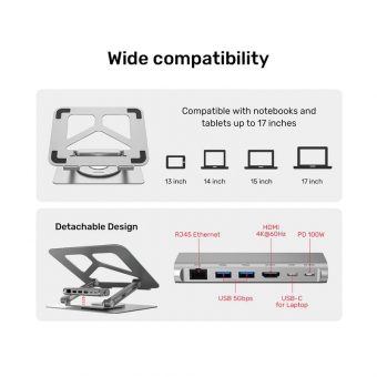 Unitek Foldable Laptop Stand With Docking Station PD 100W up to 17" Platinum Grey D1109A - Image 7