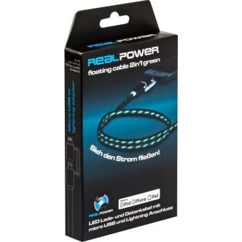 RealPower USB LED Floating Cable USB-A Male to Micro USB and Lightning 0.75m Green 185962 - Image 2