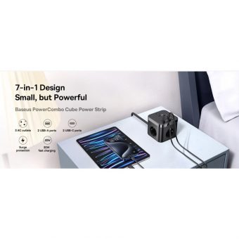 Baseus PowerCombo Cube 7-Ports Power Strip 30W Black E00066400117-00 - Image 2