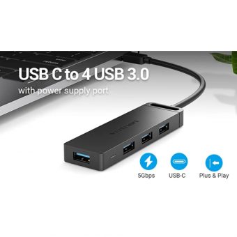 Vention USB 3.0 4-port Hub USB-C to 4xUSB-A with Power Supply 0.5m Black TGKBD - Image 2