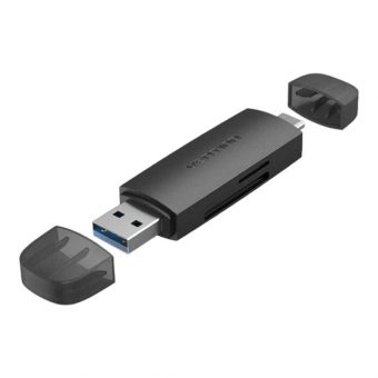 Vention Card Reader USB-A and USB-C 3.0 2-in-1 SD+TF Dual Drive Letter Black CLKB0